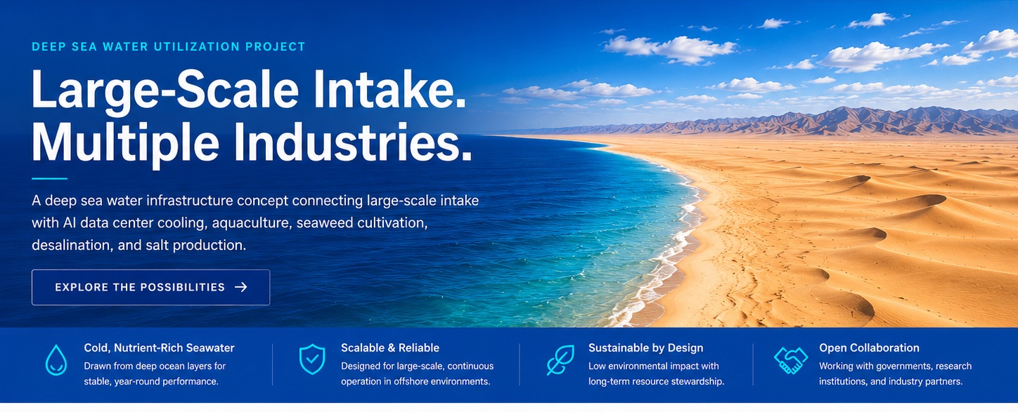 Deep Sea Water Utilization Project: large-scale intake, multiple industries, with a vivid ocean and desert coastline